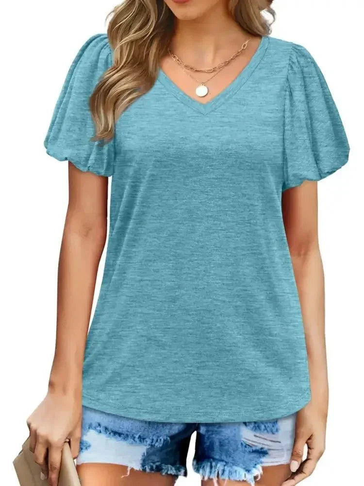 V - Neck Puff Sleeve Casual T-Shirt - Update AvenueT-ShirtsTrendsi100100820925032100100820925032a805f26aa6a04a05817199725f241553 - Max - OriginBlue