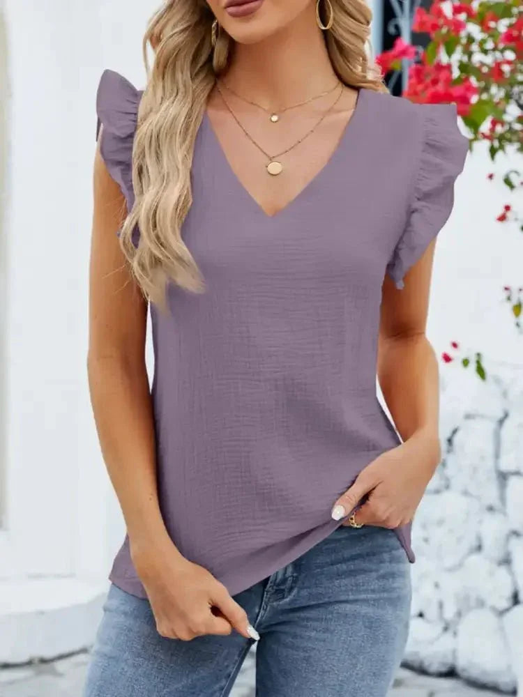 V - Neck Ruffled Sleeve Top - Update AvenueT-ShirtsTrendsi100100621642540100100621642540aaab6f50 - 50c0 - 4cba - ba02 - 20e6bbb941fa - Max - OriginLight Purple
