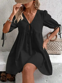 V - Neck Tie - Front Mini Dress with Puff Sleeves - Update AvenueTrendsi100100632001836100100632001836bf769d58533241bb801de1351f7178bb - Max - OriginBlack