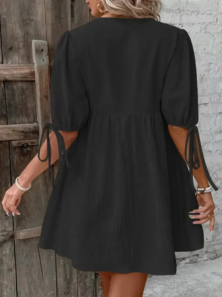 V - Neck Tie - Front Mini Dress with Puff Sleeves - Update AvenueTrendsi1001006320018361001006320018363b9952d0b31744f49ee1c2e51ee69dc3 - Max - OriginBlack