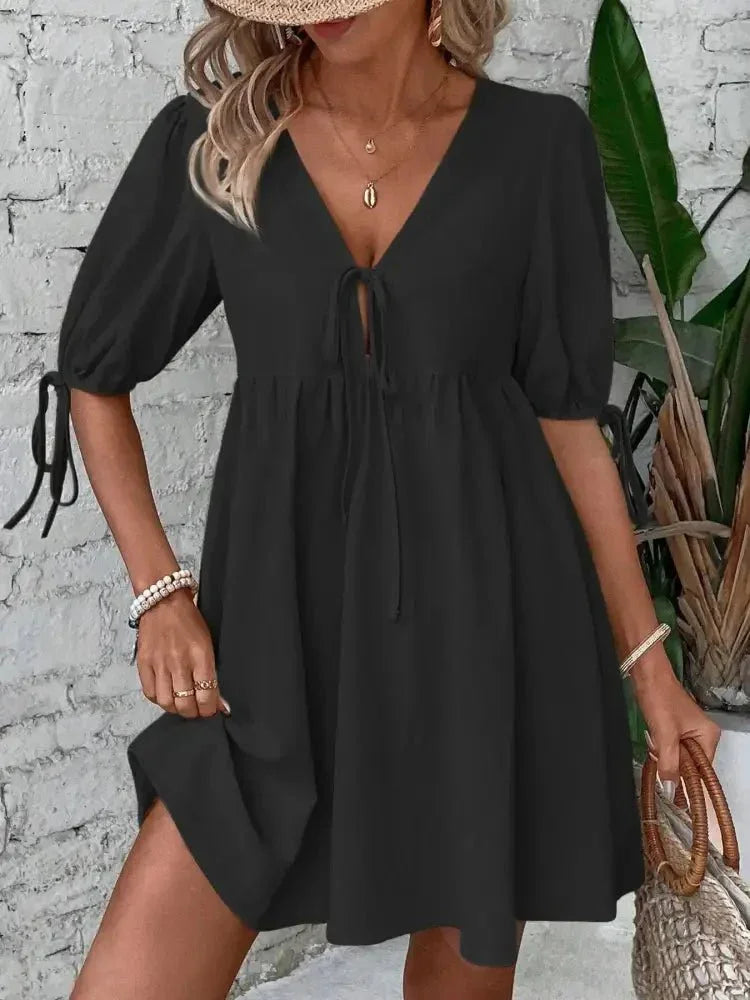 V - Neck Tie - Front Mini Dress with Puff Sleeves - Update AvenueTrendsi100100632001836100100632001836879022290c0842399943e7d3a11d49d7 - Max - OriginBlack