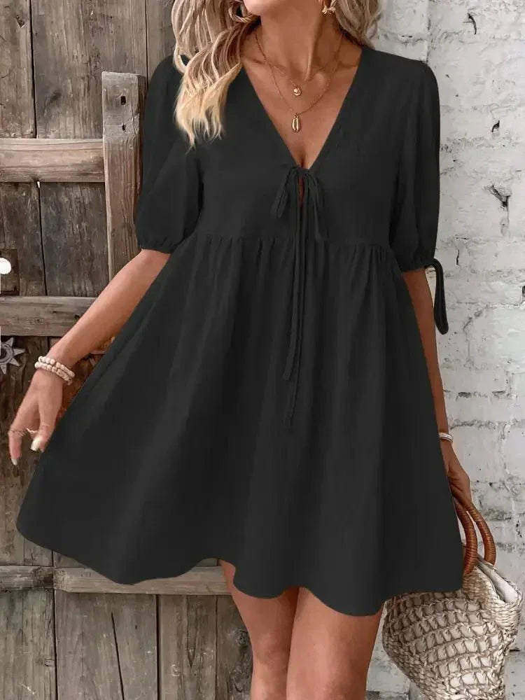 V - Neck Tie - Front Mini Dress with Puff Sleeves - Update AvenueTrendsi100100632001836100100632001836f42feb30bcc54f49bb0611cb82596505 - Max - OriginBlack