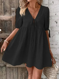 V - Neck Tie - Front Mini Dress with Puff Sleeves - Update AvenueTrendsi100100632001836100100632001836f42feb30bcc54f49bb0611cb82596505 - Max - OriginBlack