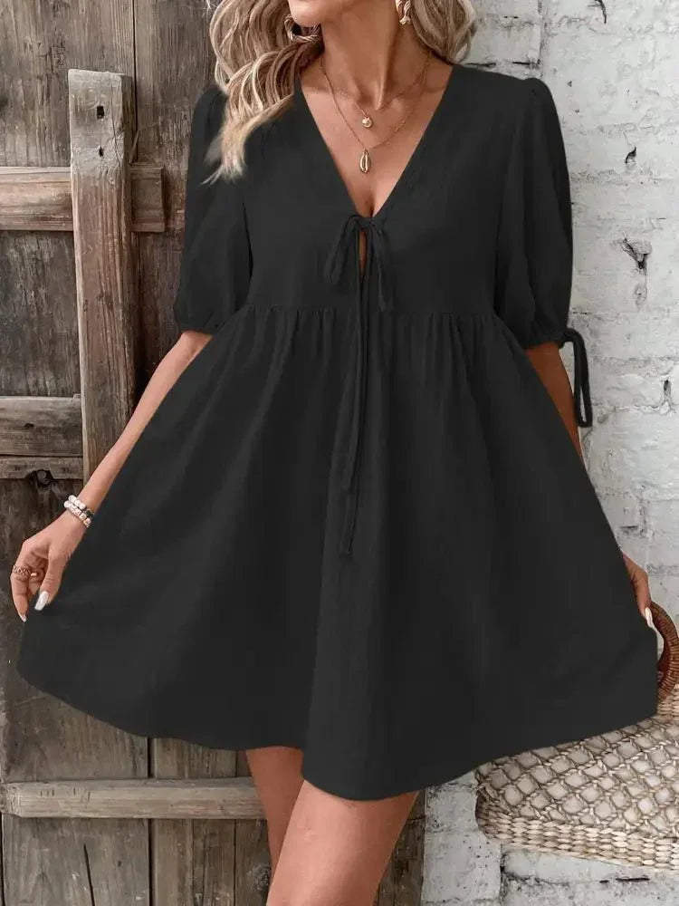 V - Neck Tie - Front Mini Dress with Puff Sleeves - Update AvenueTrendsi10010063200183610010063200183696e263a47dd849c29f458d690687a0cb - Max - OriginBlack