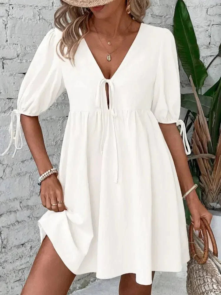 V - Neck Tie - Front Mini Dress with Puff Sleeves - Update AvenueTrendsi1001006320053751001006320053756c6197243c4f4580ae4f6b92f29447a9 - Max - OriginWhite