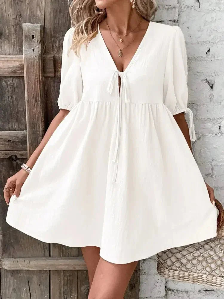 V - Neck Tie - Front Mini Dress with Puff Sleeves - Update AvenueTrendsi100100632005375100100632005375ddc647e1796342e38bfab4cc52eaf182 - Max - OriginWhite
