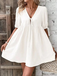 V - Neck Tie - Front Mini Dress with Puff Sleeves - Update AvenueTrendsi100100632005375100100632005375ddc647e1796342e38bfab4cc52eaf182 - Max - OriginWhite