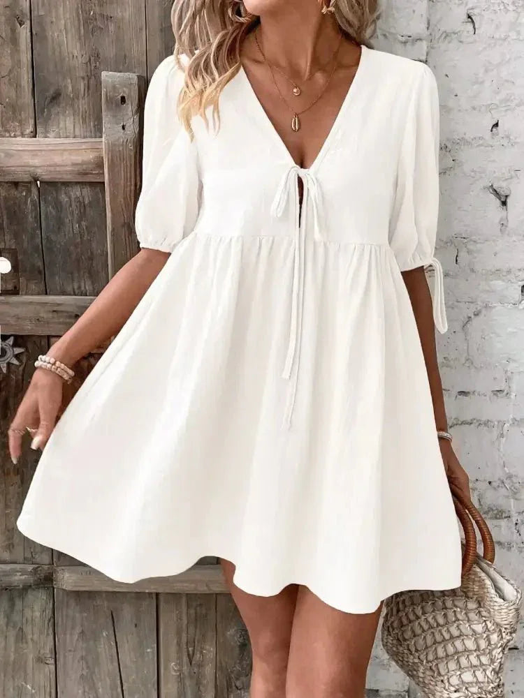 V - Neck Tie - Front Mini Dress with Puff Sleeves - Update AvenueTrendsi100100632005375100100632005375083870a6f3e04af7a375591e50c8c236 - Max - OriginWhite