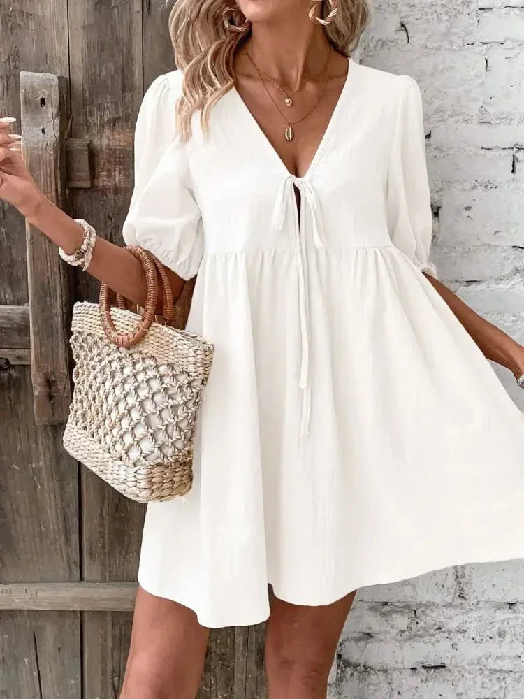 V - Neck Tie - Front Mini Dress with Puff Sleeves - Update AvenueTrendsi100100632005375100100632005375c656d375469f44419aec7231d224945b - Max - OriginWhite