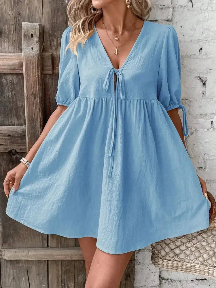 V - Neck Tie - Front Mini Dress with Puff Sleeves - Update AvenueTrendsi100100632008562100100632008562a670acdcbafb41c3980035621d45553b - Max - OriginBlue