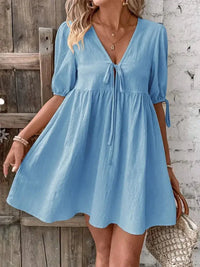 V - Neck Tie - Front Mini Dress with Puff Sleeves - Update AvenueTrendsi10010063200856210010063200856279dbcc9ad378406da1d02f893263119f - Max - OriginBlue
