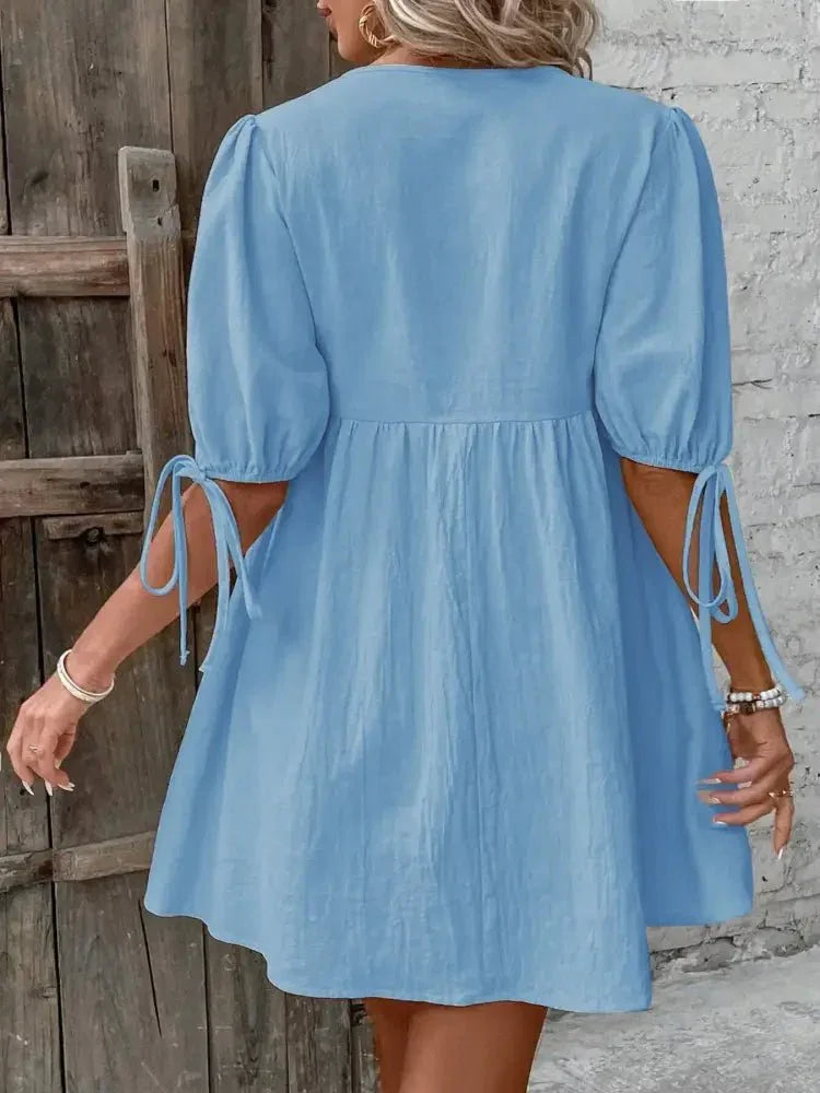 V - Neck Tie - Front Mini Dress with Puff Sleeves - Update AvenueTrendsi100100632008562100100632008562f95cdc62da5645b19fc66a28d3cf26a0 - Max - OriginBlue