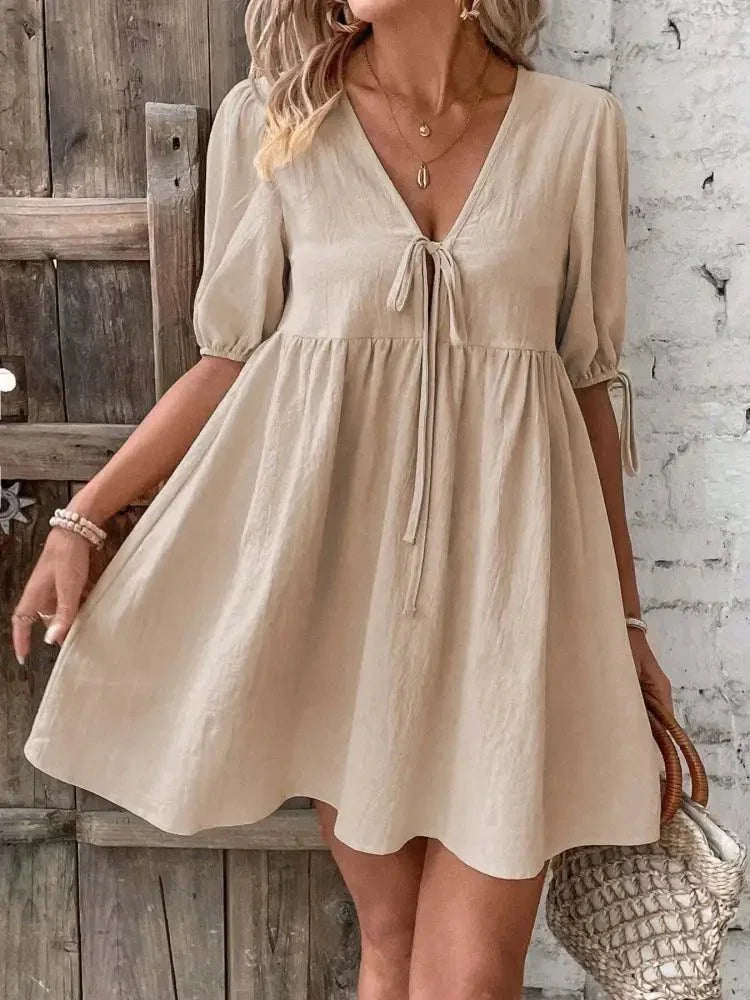 V - Neck Tie - Front Mini Dress with Puff Sleeves - Update AvenueTrendsi1001006320095021001006320095027e1736bc224e49ad9d28bbcf38cf78b3 - Max - OriginKhaki