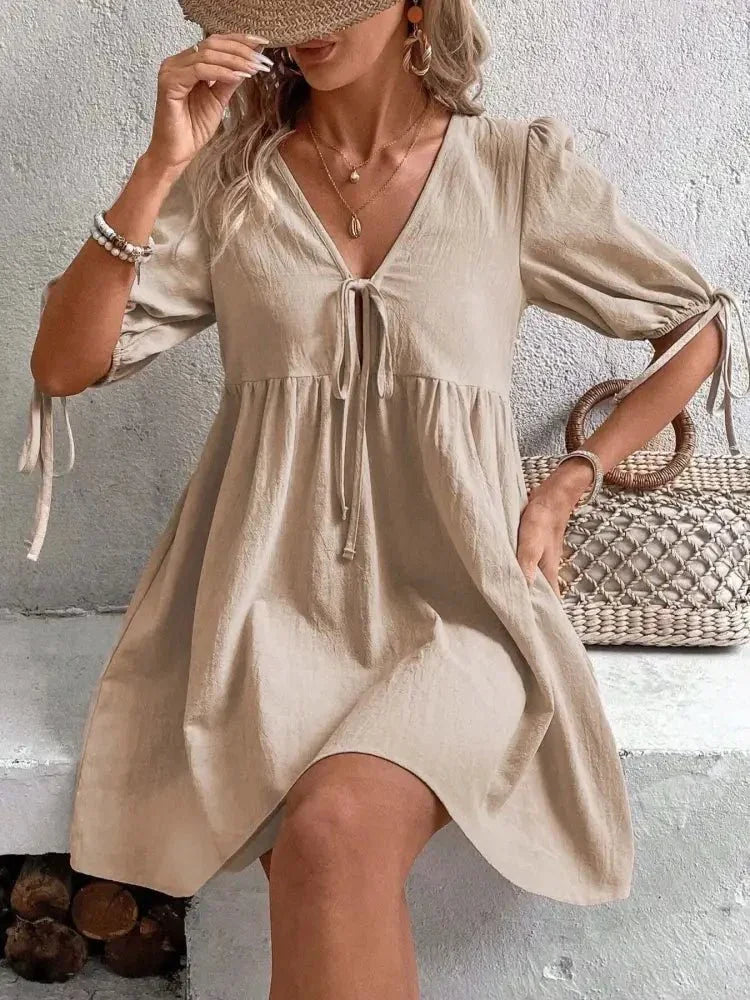 V - Neck Tie - Front Mini Dress with Puff Sleeves - Update AvenueTrendsi100100632009502100100632009502783c35fe563e4cafa6dd159fd4dc6727 - Max - OriginKhaki