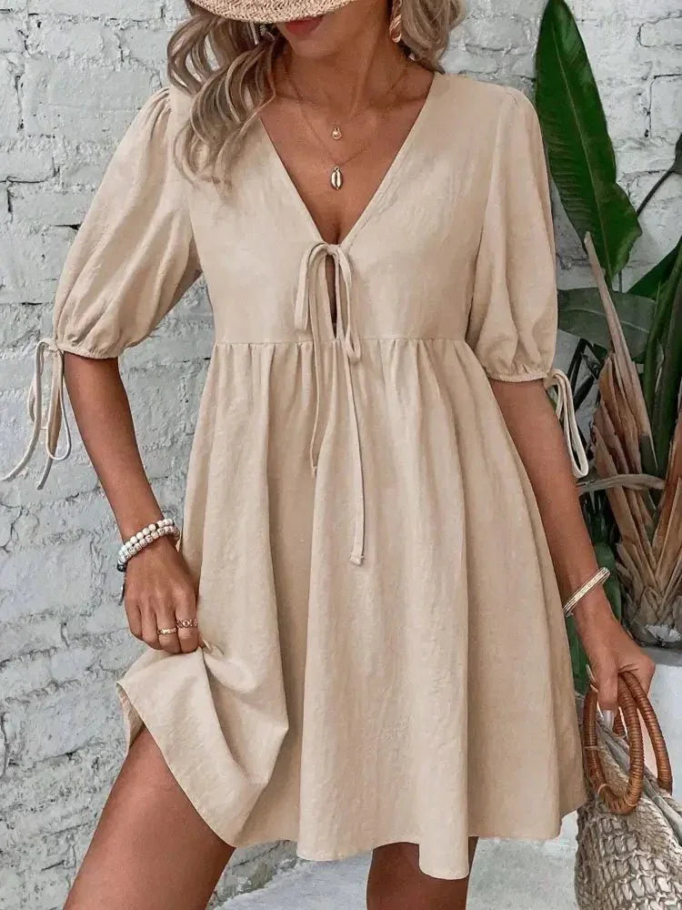 V - Neck Tie - Front Mini Dress with Puff Sleeves - Update AvenueTrendsi1001006320095021001006320095026eeb9fa518814ecb96c8ee2ad4a46ddb - Max - OriginKhaki