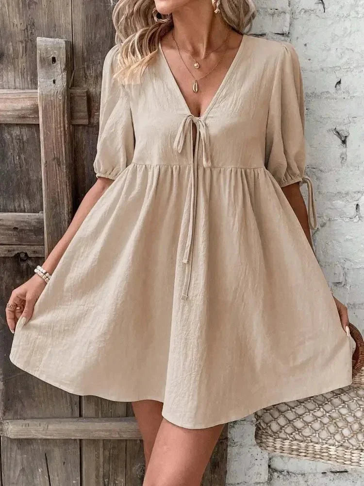 V - Neck Tie - Front Mini Dress with Puff Sleeves - Update AvenueTrendsi100100632009502100100632009502da53e32b24e543928cd113f776cda212 - Max - OriginKhaki