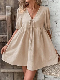 V - Neck Tie - Front Mini Dress with Puff Sleeves - Update AvenueTrendsi100100632009502100100632009502da53e32b24e543928cd113f776cda212 - Max - OriginKhaki