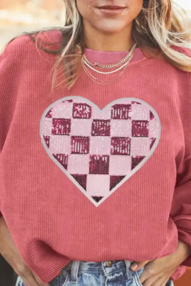Valentine’s Day Sequin Checkered Heart Long Sleeve Sweatshirt - Update AvenueTrendsi1001003402912851001003402912858d261011 - 1fcb - 434a - 8435 - ca2c39112a40 - MaxStrawberry