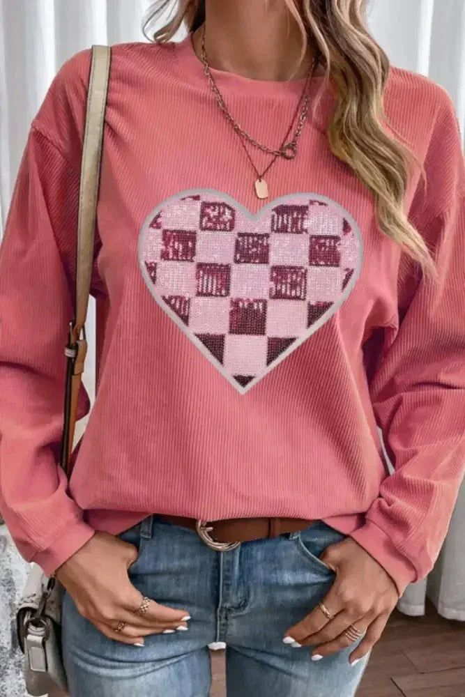 Valentine’s Day Sequin Checkered Heart Long Sleeve Sweatshirt - Update AvenueTrendsi1001003402912851001003402912854deb16d8 - e809 - 48a6 - 8817 - 2cc04aa1f38c - MaxStrawberry