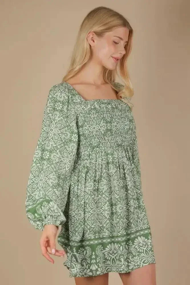 VERY J Printed Smocked Chest Boho Mini Dress - Update AvenueEffortless Elegance: DressesTrendsi1001000892111751001000892111756e97f23d890d44578ca30e711b1e0dd1 - Max - OriginGreen