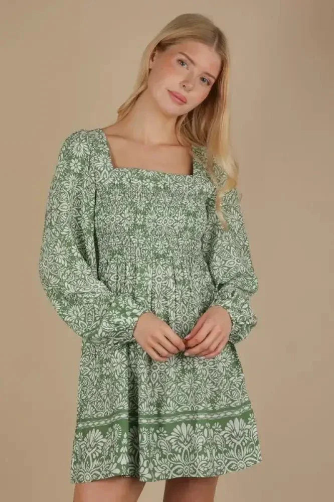 VERY J Printed Smocked Chest Boho Mini Dress - Update AvenueEffortless Elegance: DressesTrendsi1001000892111751001000892111755deec9c3bfee457c8e338626ef85595d - Max - OriginGreen