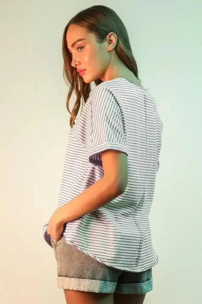 VERY J Striped V - Neck Short Sleeve T-Shirt - Update AvenueT-ShirtsTrendsi10010035362110610010035362110651cec0f88550420aab3344f02555b7c9 - Max - OriginLavender