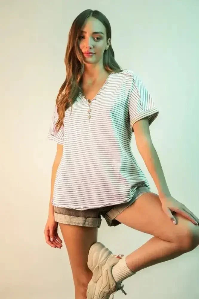 VERY J Striped V - Neck Short Sleeve T-Shirt - Update AvenueT-ShirtsTrendsi100100353621106100100353621106fe4a3c4ecd02462b8f19bbdac6b85255 - Max - OriginLavender