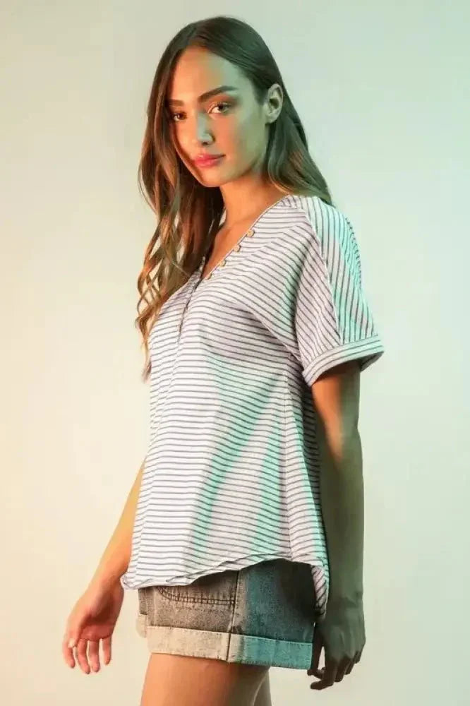 VERY J Striped V - Neck Short Sleeve T-Shirt - Update AvenueT-ShirtsTrendsi100100353621106100100353621106378498cf1587487ba534465c8bd98429 - Max - OriginLavender