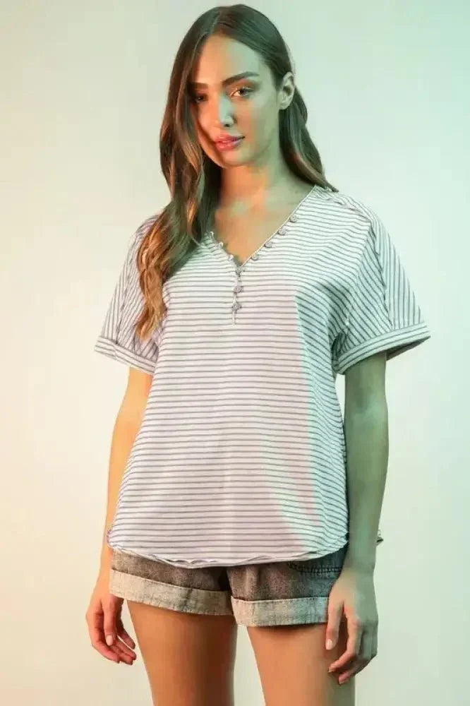 VERY J Striped V - Neck Short Sleeve T-Shirt - Update AvenueT-ShirtsTrendsi100100353621106100100353621106b4baf23fb5c343d685ef60dbada212f0 - Max - OriginLavender