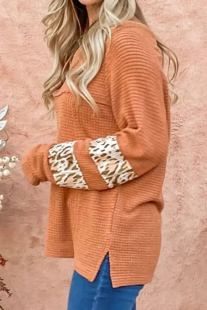 Waffle - Knit Leopard Long Sleeve Slit Blouse - Update AvenueTrendsi1001019542361011001019542361015905dfc0ec9f4a06bce2a372569c0671 - MaxSherbet