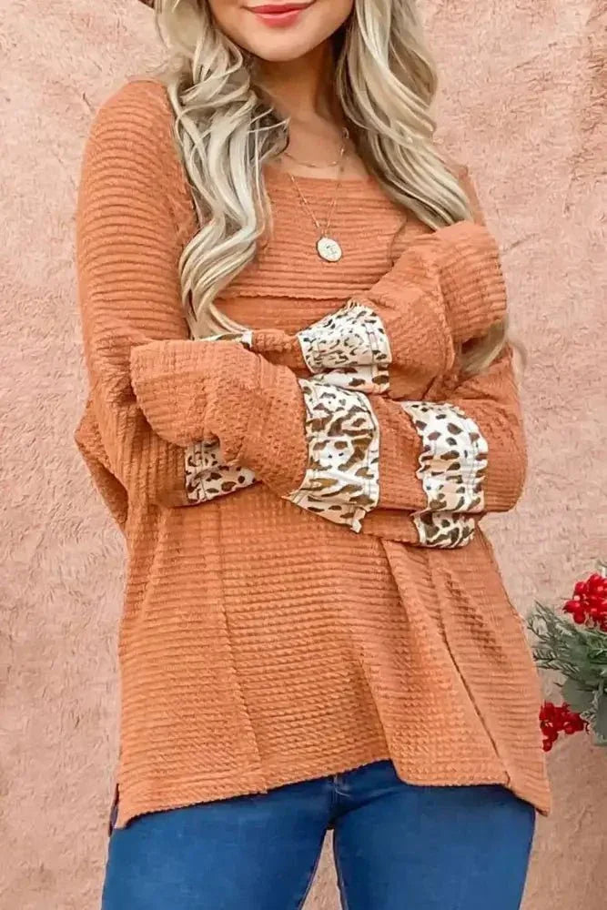 Waffle - Knit Leopard Long Sleeve Slit Blouse - Update AvenueTrendsi100101954236101100101954236101ea13a64bb567493e81276dfd7634eceb - MaxSherbet