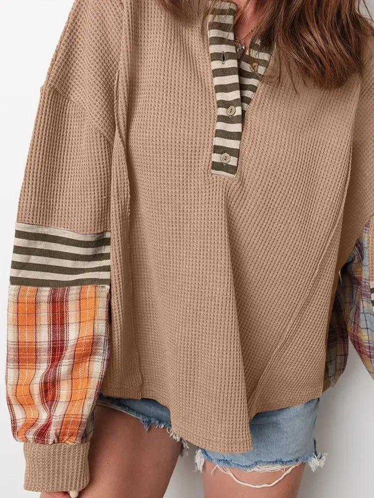 Waffle Stripe Plaid Patchwork Henley Knit Top - Update AvenueTrendsi100100178019061100100178019061a1450c05 - 96aa - 47f9 - b0cb - ce0cefd51e5a - Max - OriginCamel