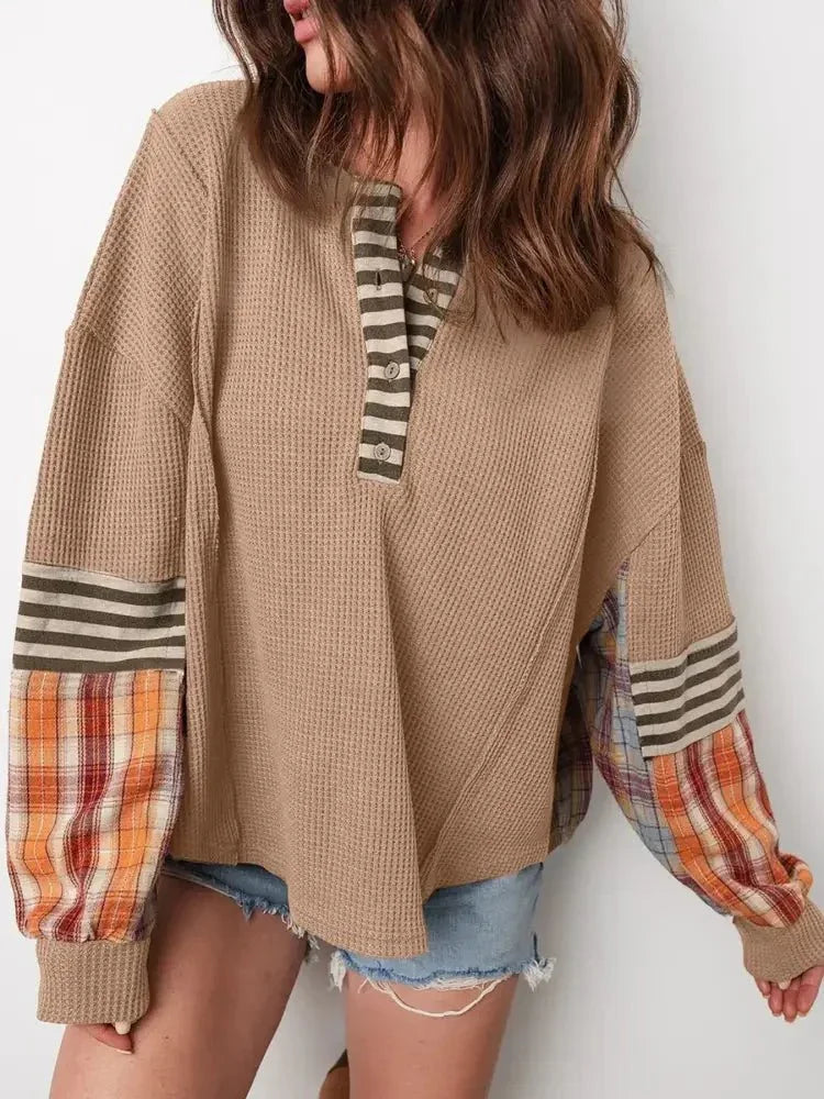 Waffle Stripe Plaid Patchwork Henley Knit Top - Update AvenueTrendsi100100178019061100100178019061c276844a - 1f7f - 4606 - b76d - e391f97f7663 - Max - OriginCamel