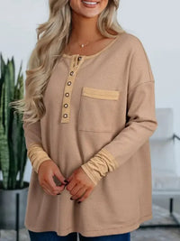 Waffle Textured Tunic Henley Top with Slits - Update AvenueT-ShirtsTrendsi1001005704701461001005704701466ee69a14 - b32b - 4b69 - 8322 - 4f44a1863a1d - Max - OriginDark Khaki