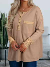 Waffle Textured Tunic Henley Top with Slits - Update AvenueT-ShirtsTrendsi1001005704701461001005704701463a607b4625414d419d29fc4c78855b8c - Max - OriginDark Khaki