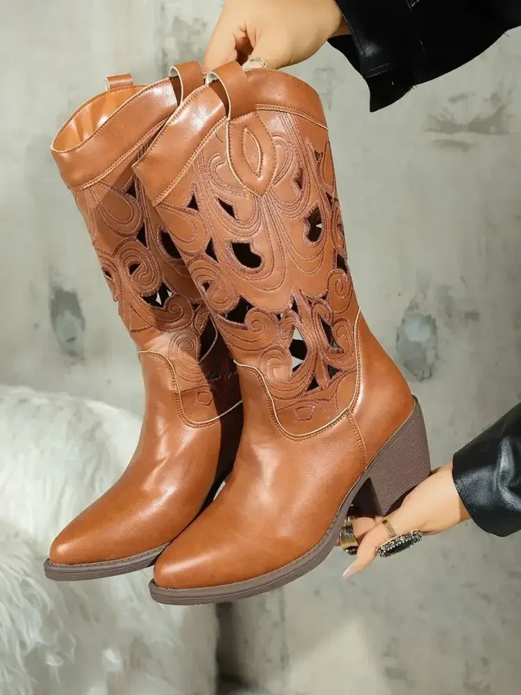 Western Cutout Pattern Block Heel Boots