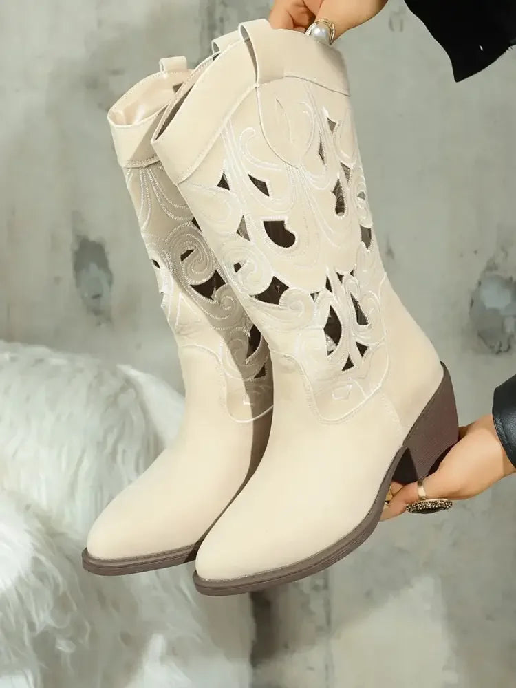 Western Cutout Pattern Block Heel Boots