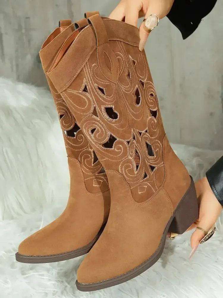 Western Cutout Pattern Block Heel Boots