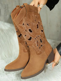 Western Cutout Pattern Block Heel Boots