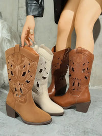 Western Cutout Pattern Block Heel Boots