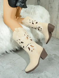 Western Cutout Pattern Block Heel Boots