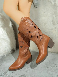Western Cutout Pattern Block Heel Boots