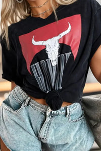 Western HOWDY Steer Head Print Side Slits Loose Fit T Shirt - Update AvenueT-ShirtsTrendsi100100989516622100100989516622b586b851 - 1b41 - 4e79 - 9ded - d9b0b58f2f06 - Max - OriginBlack