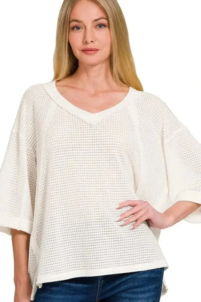 Zenana Brushed Waffle Exposed - seam 3/4 Sleeve Top - Update AvenueT-ShirtsTrendsi10010008404186810010008404186870070c6c - 638b - 49b3 - 8e44 - bf567d8e2e2a - Max - OriginOFF WHITE