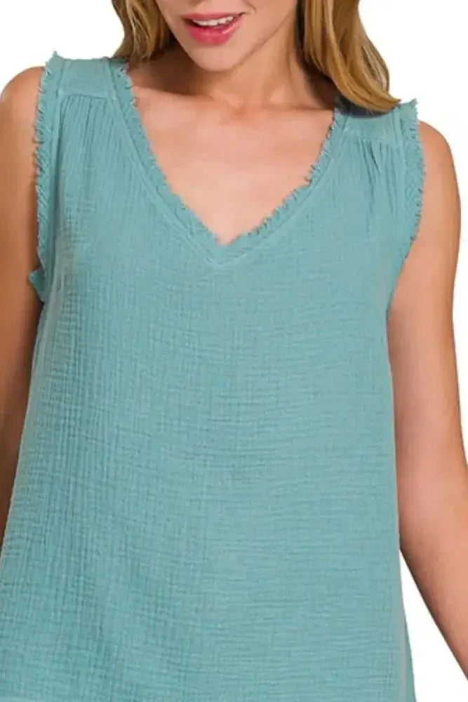 Zenana Double Gauze Raw Edge V - Neck Tank - Update AvenueTrendsi100100127411024100100127411024166c3399 - 26fe - 46d5 - b8df - bbc5cb2475f1 - Max - OriginDUSTY TEAL
