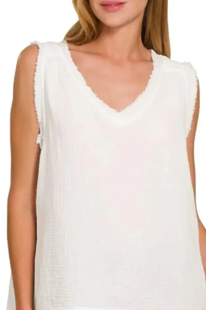 Zenana Double Gauze Raw Edge V - Neck Tank - Update AvenueTrendsi10010019744135610010019744135669b67053 - 0acf - 4a6b - 978c - b5e8b74976e3 - Max - OriginWHITE
