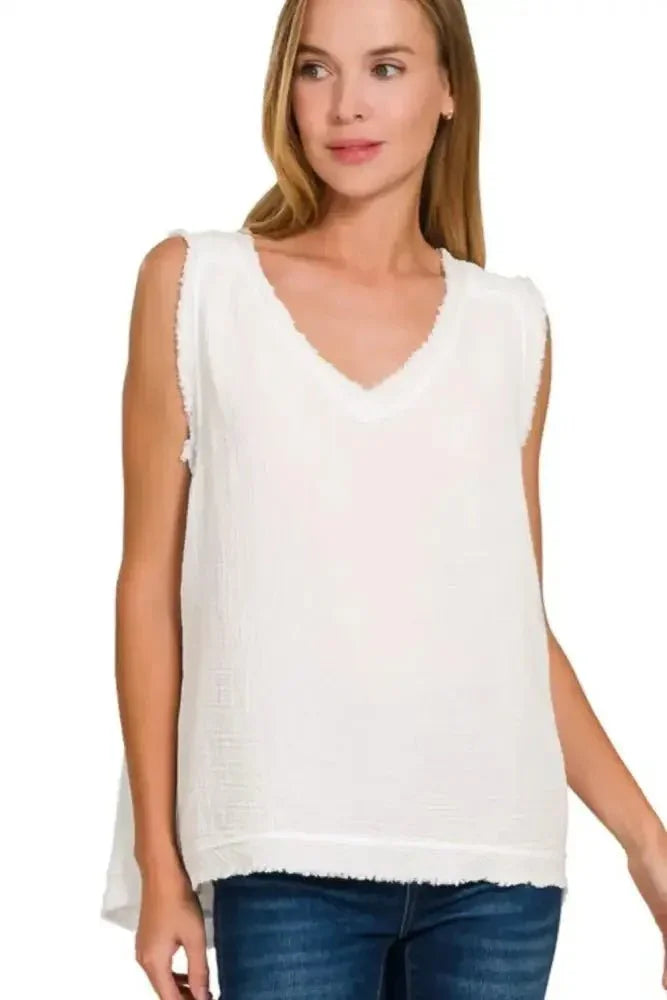Zenana Double Gauze Raw Edge V - Neck Tank - Update AvenueTrendsi100100197441356100100197441356fc06967d - e696 - 41e8 - 94b7 - 5eb4a04349ef - Max - OriginWHITE