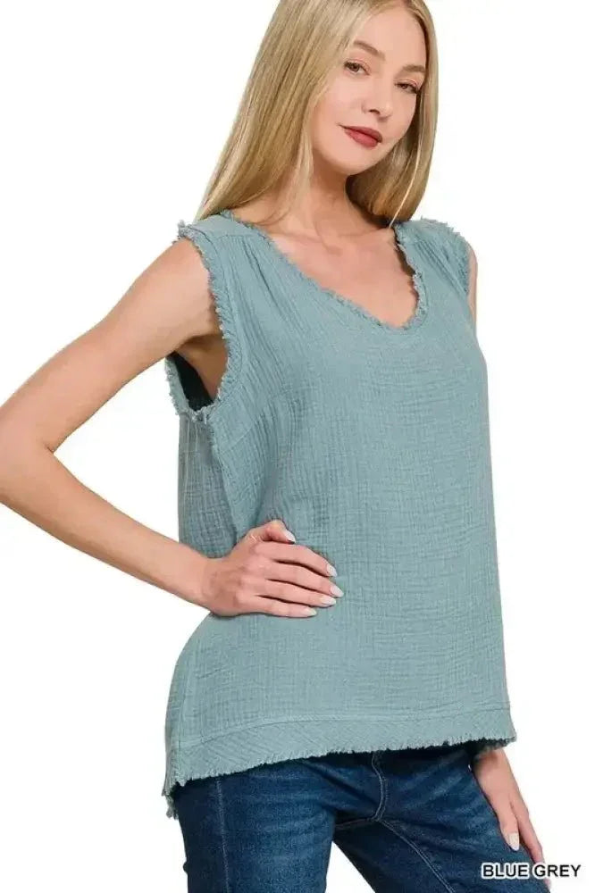 Zenana Double Gauze Raw Edge V - Neck Tank - Update AvenueTanks & CamisTrendsi100100689511659100100689511659e10160a3e7b04a82a4b5e870e379058e - Max - OriginBLUE GREY