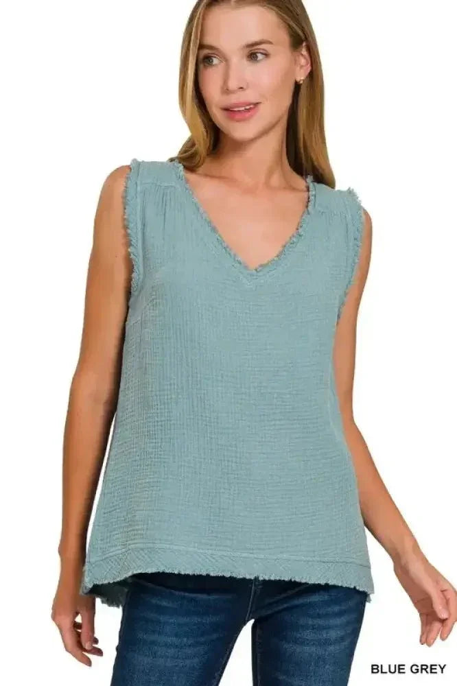 Zenana Double Gauze Raw Edge V - Neck Tank - Update AvenueTanks & CamisTrendsi100100689511659100100689511659847d58d5724d4330911a3faad8da23e8 - Max - OriginBLUE GREY