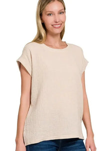 Zenana Double Gauze Round Neck Folded Short Sleeve Top - Update AvenueT-ShirtsTrendsi100100738271530100100738271530d8b233f3 - 1cc2 - 49f3 - 8203 - 6c15e0c4056a - Max - OriginSAND BEIGE